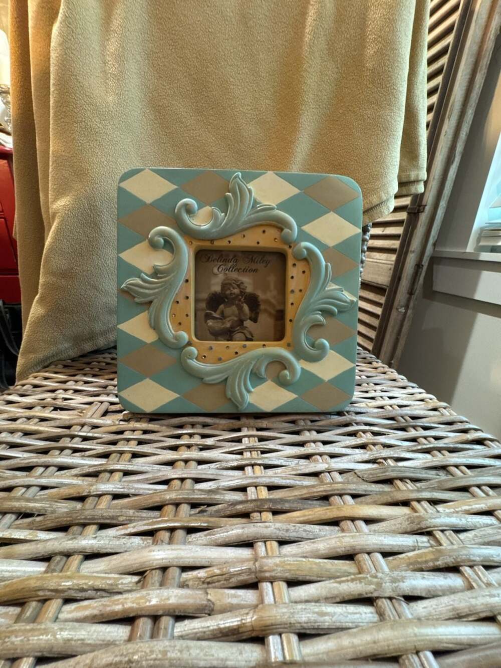 Belinda Miley Collection Blue and Cream Argyle Scroll Ceramic Photo Frame